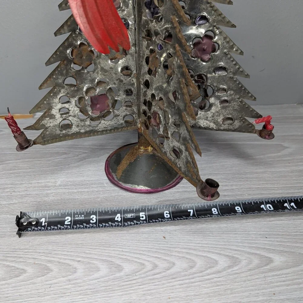 Vintage Primitive Folk Art Metal Christmas Tree Candle Holder with Red Star 12